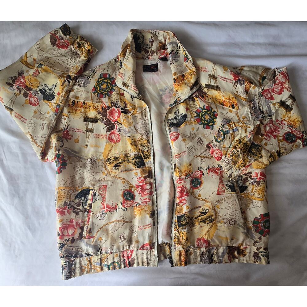 Vintage MURELI Bomber Zip-up Artsy Beige Black Rose 100% Silk Jacket Size L
